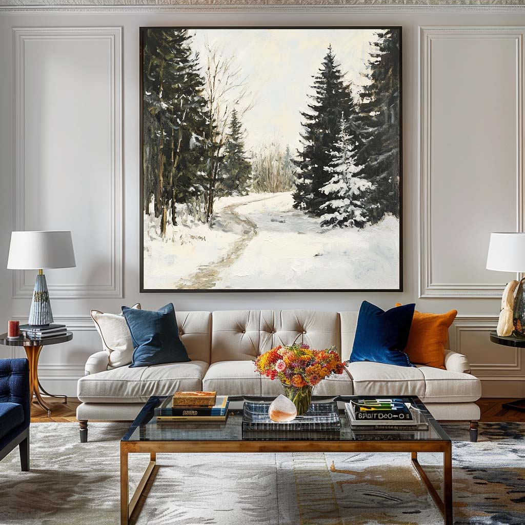 Impressionist Winter Forest Path Oil Painting