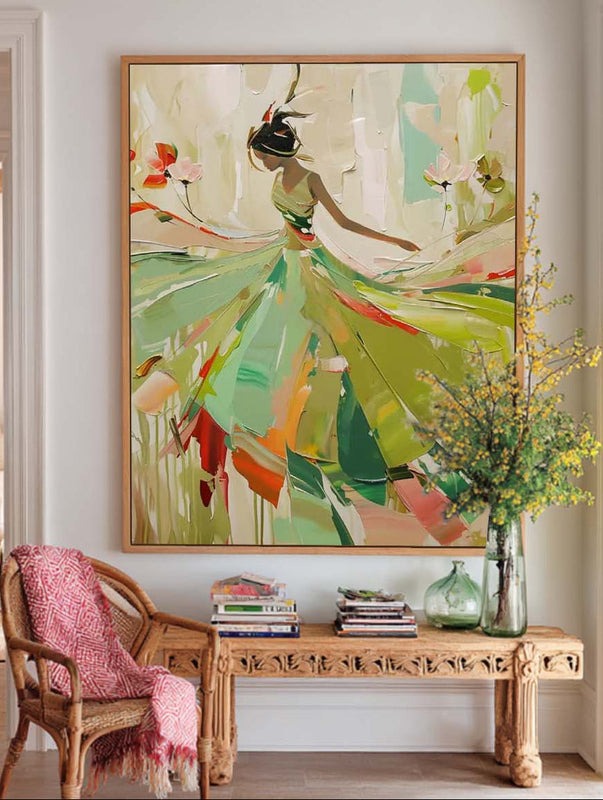 Vibrant Impasto Ballerina in Green Dress Painting