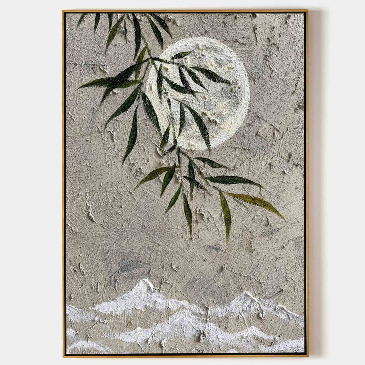 Muted Neutral Textured Moon Willow Mountain Oil Painting