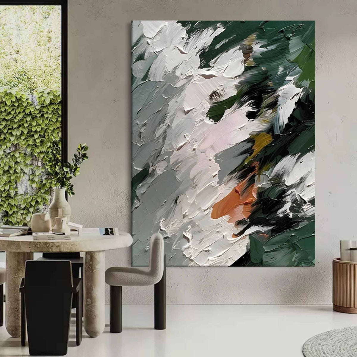 Colorful Dark Green Impasto Abstract Painting