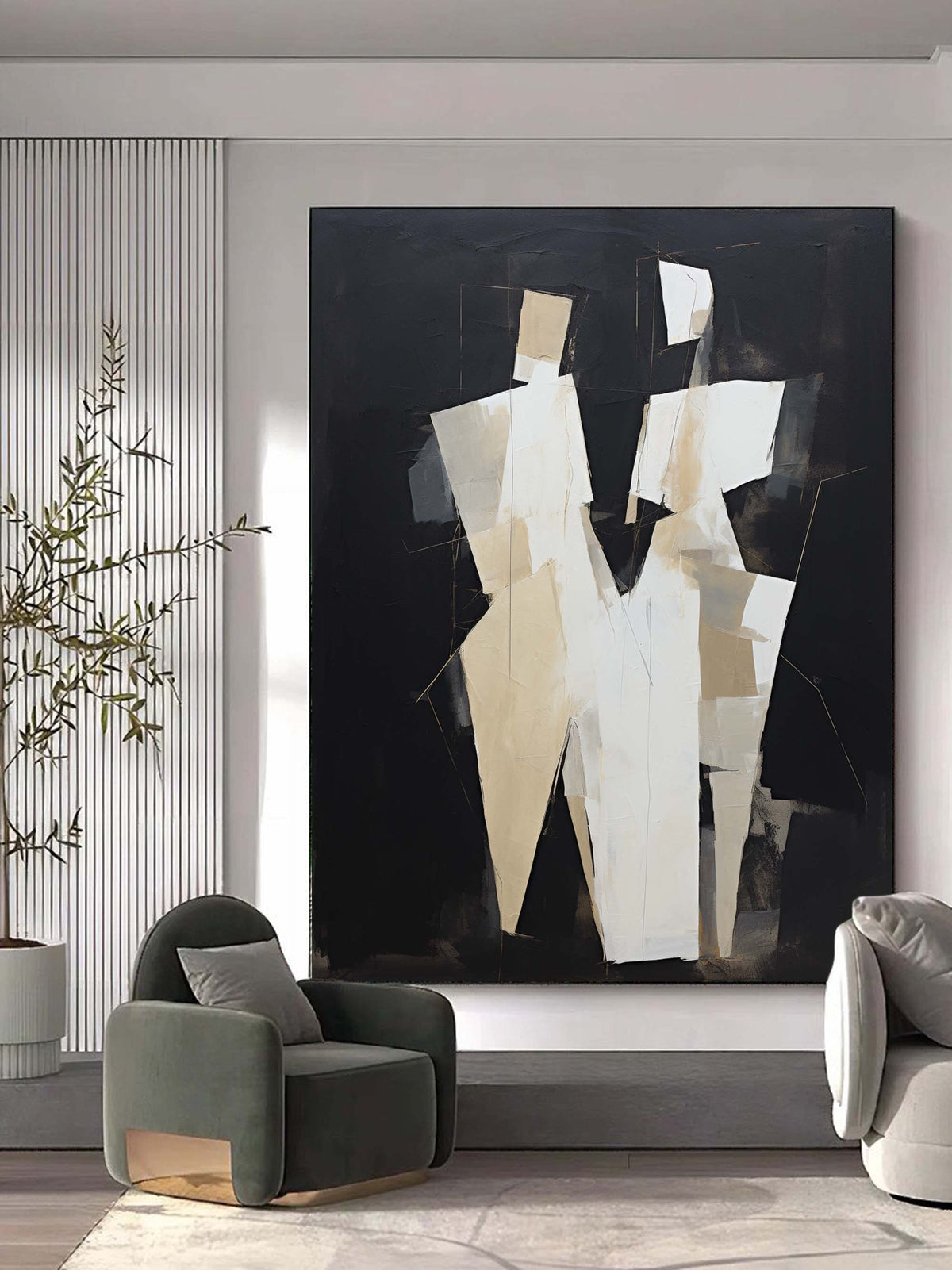 Cubist Style Couple Figure Oil Painting Black Beige