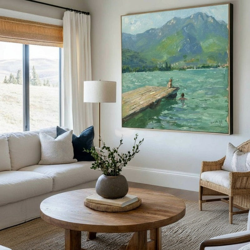 Wall Art Lake Dock Mountain Impressionist Textured Living Room