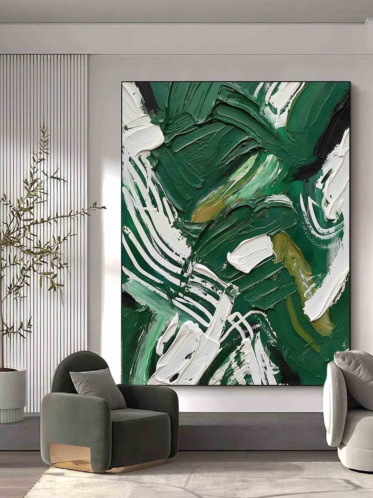Colorful Dark Green And White Impasto Painting