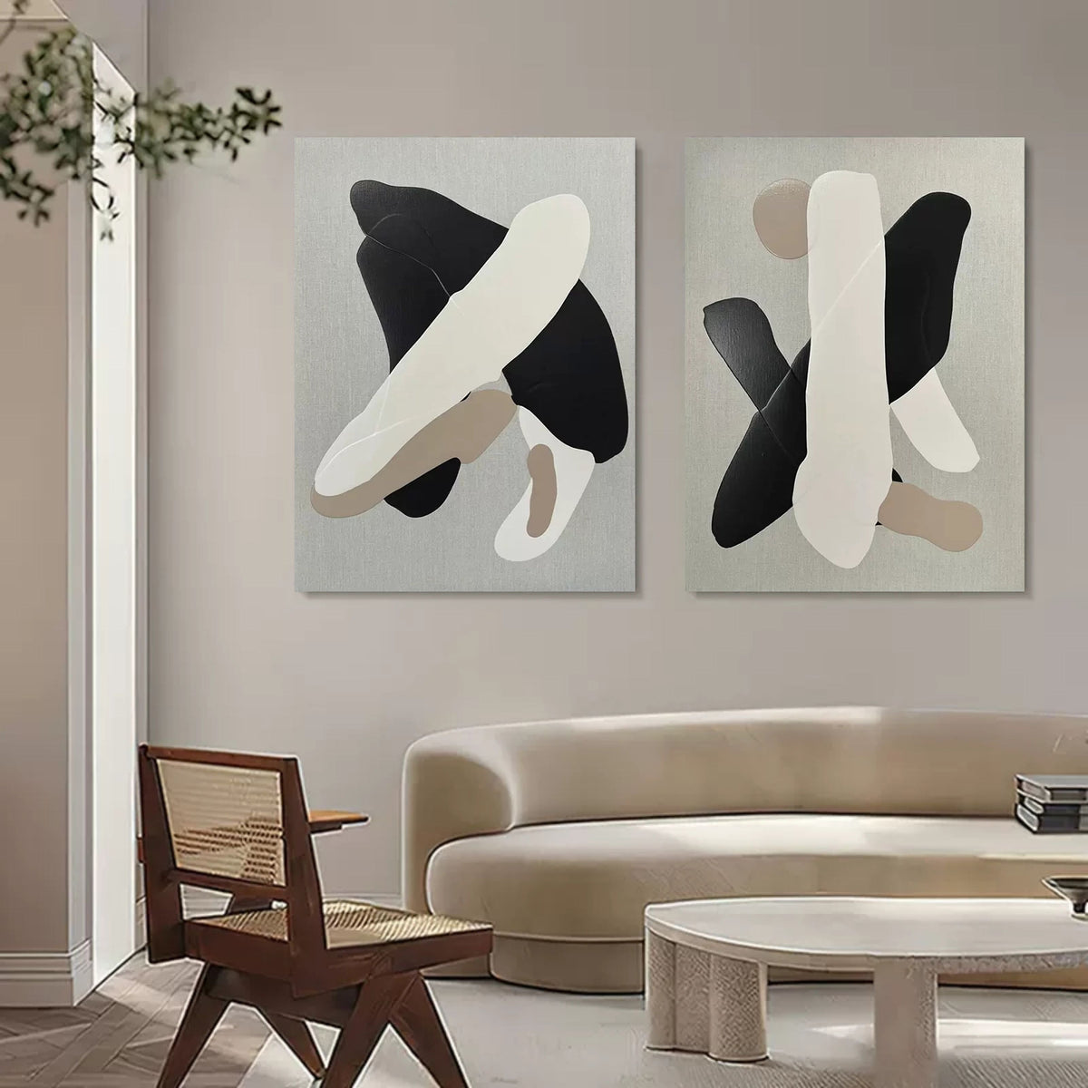 Abstract Neutral Organic Shape Diptych Wall Art