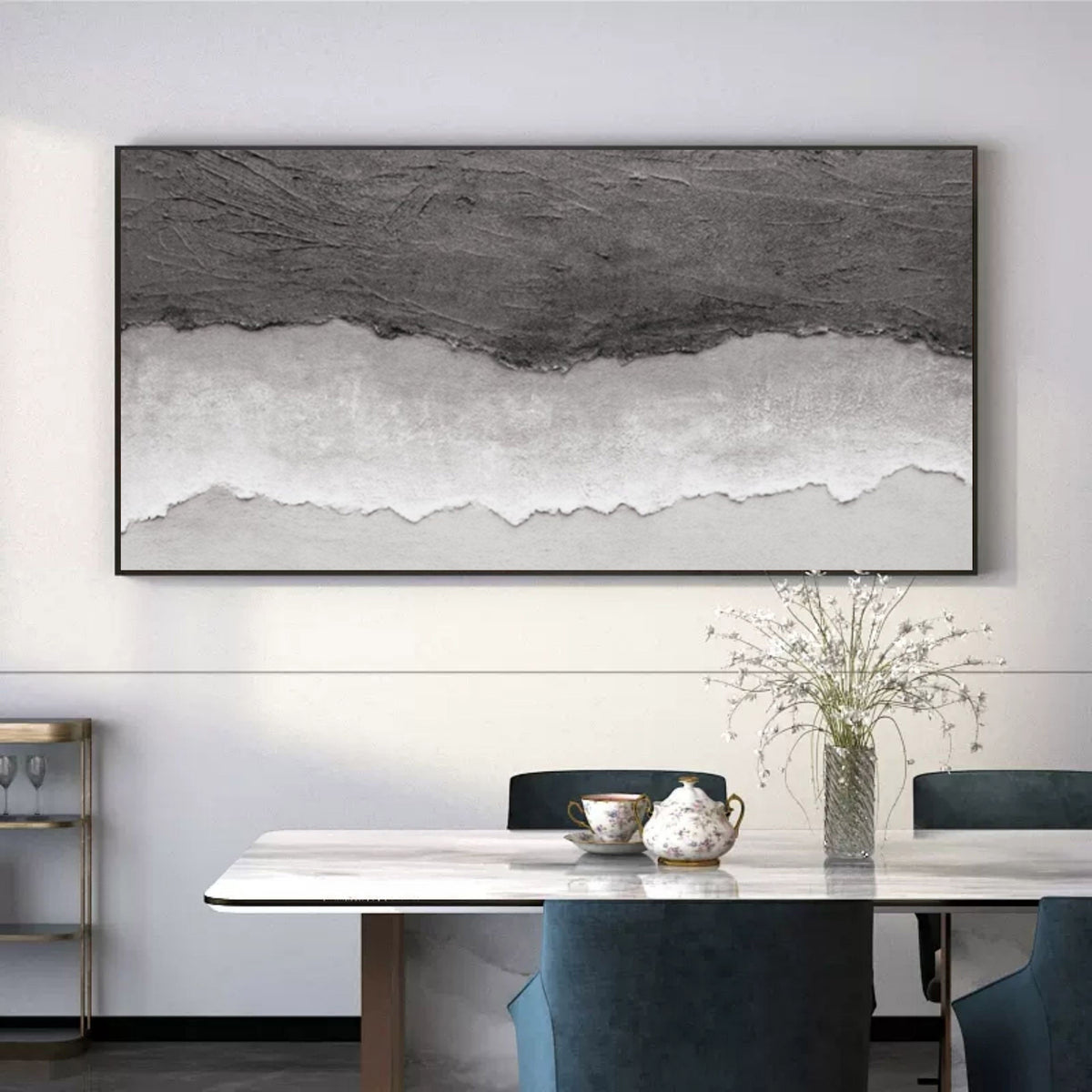 Monochrome Coastal Horizon Bas-Relief Painting