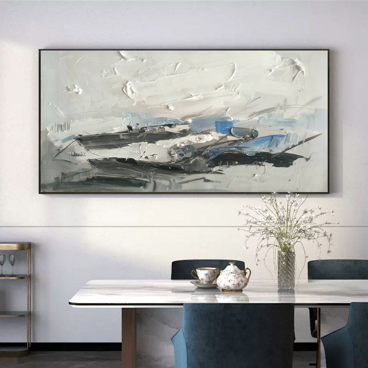 Plaster Art Texture White Blue Gray Impasto Abstract Landscape Painting