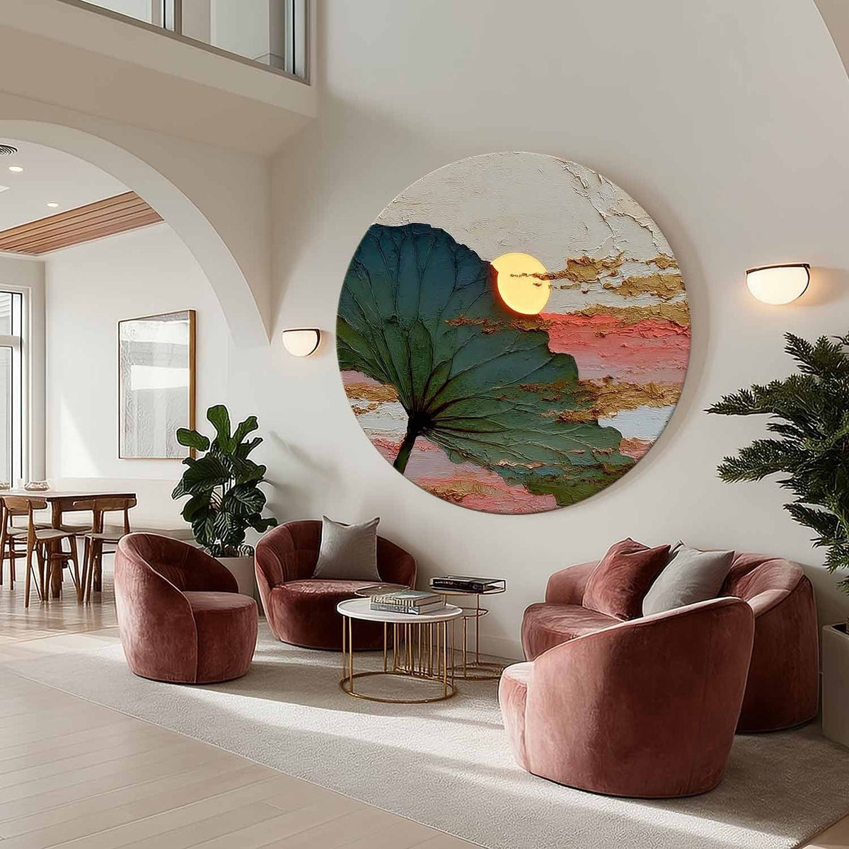 Wall Art Round Single Leaf Pink Sunset