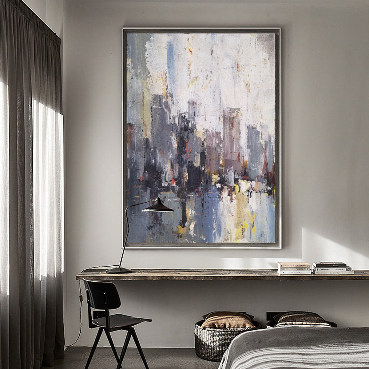 Grey‑Purple Square Urban Cityscape Impasto Textured Artwork