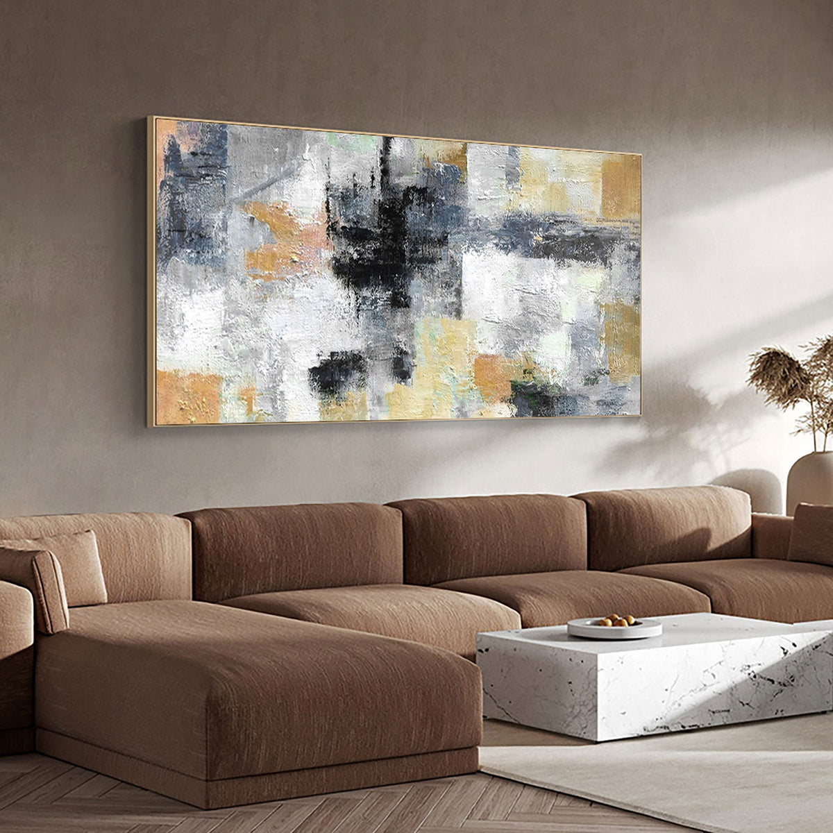 Abstract Black Gray Gold Textured Geometric Oil Acrylic Linen Canvas Painting