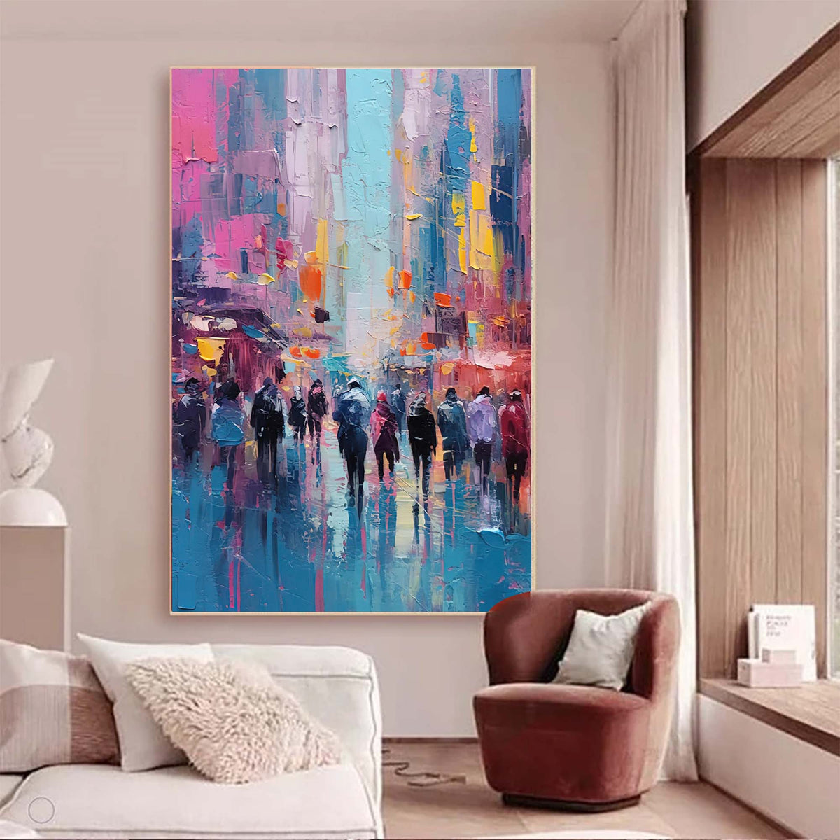 Impasto Rainy Cityscape Painting Vibrant Pink