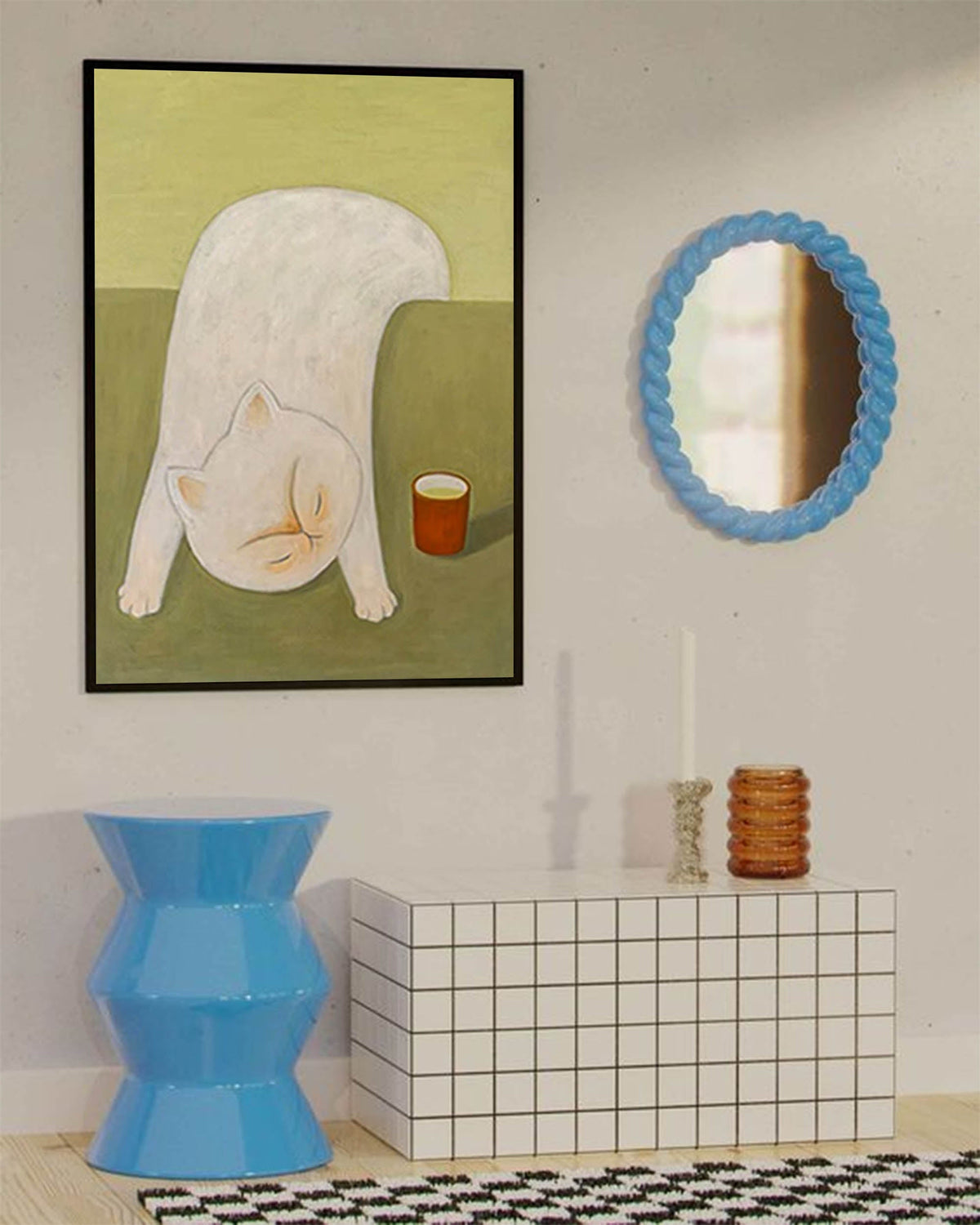 Whimsical Stretching White Cat Cozy Wall Art