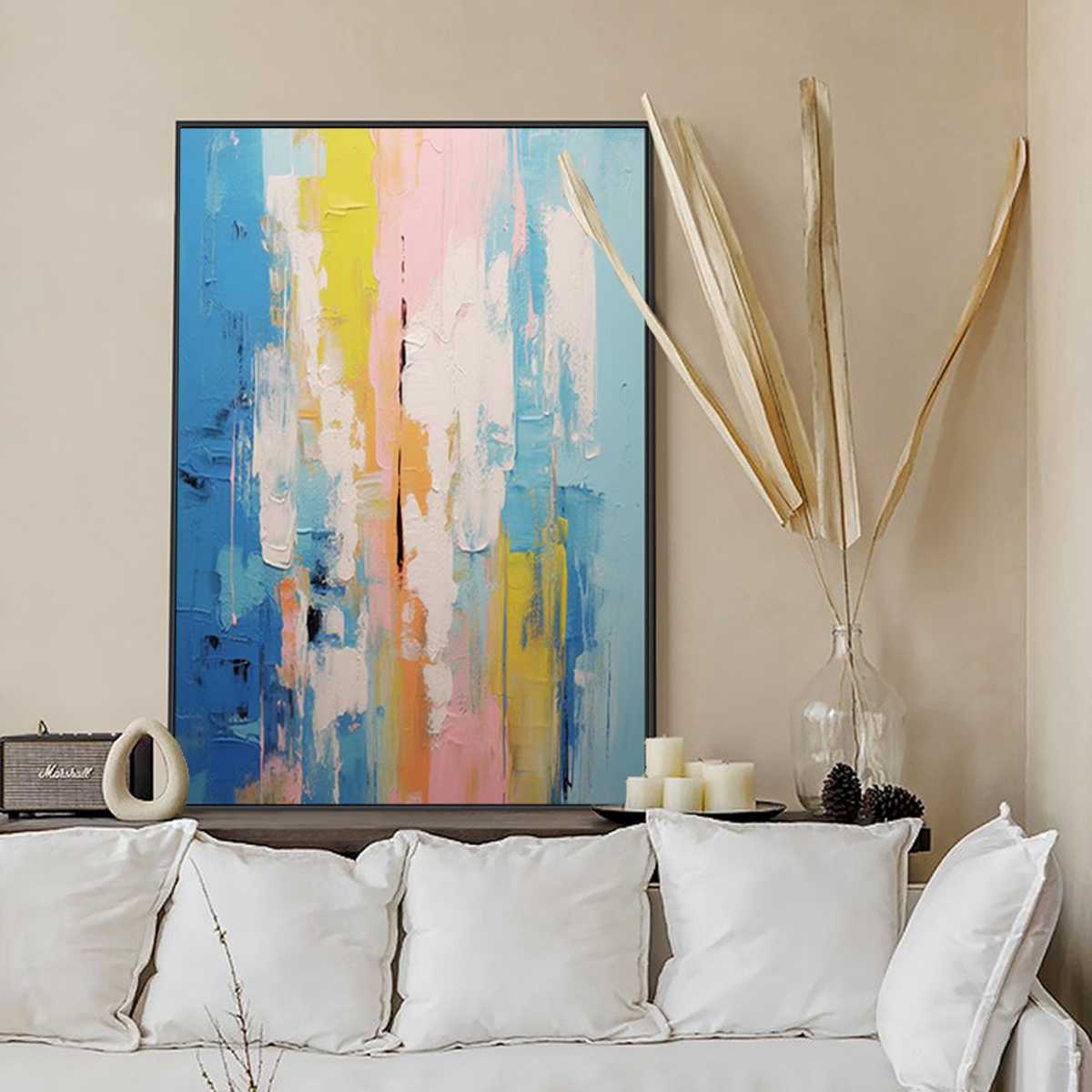 Impasto Vertical Abstract Painting Blue And Pink