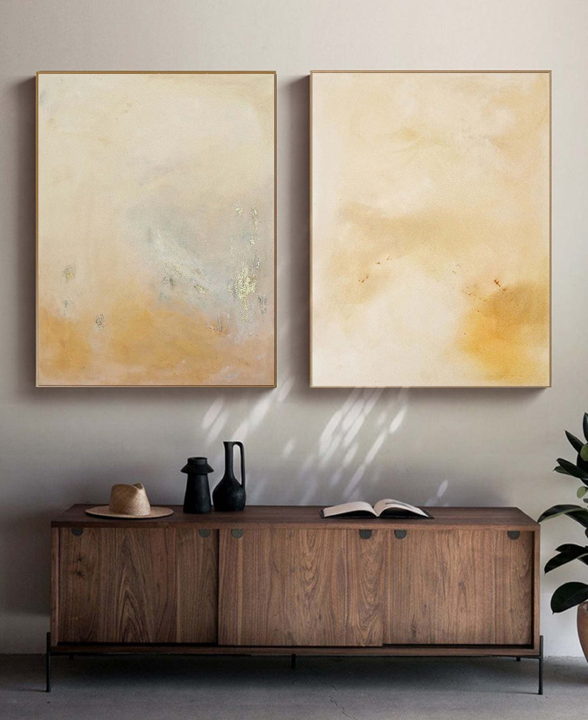 Minimalist Diptych Wall Art Warm Neutrals Gold Leaf
