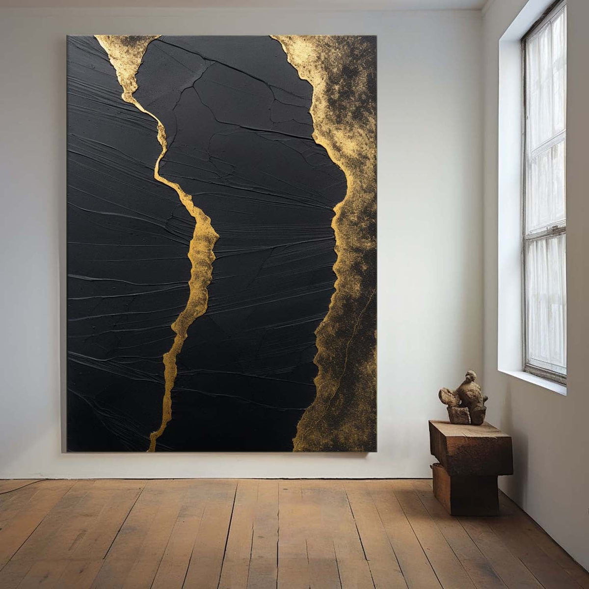 Luxury Black‑Gold Vein Abstract Heavy Impasto Metallic Textured Artwork