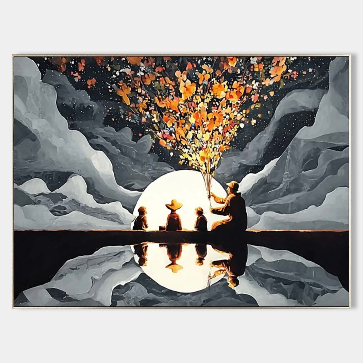 Family Silhouette Moon Art Oil Painting - Neutralighting
