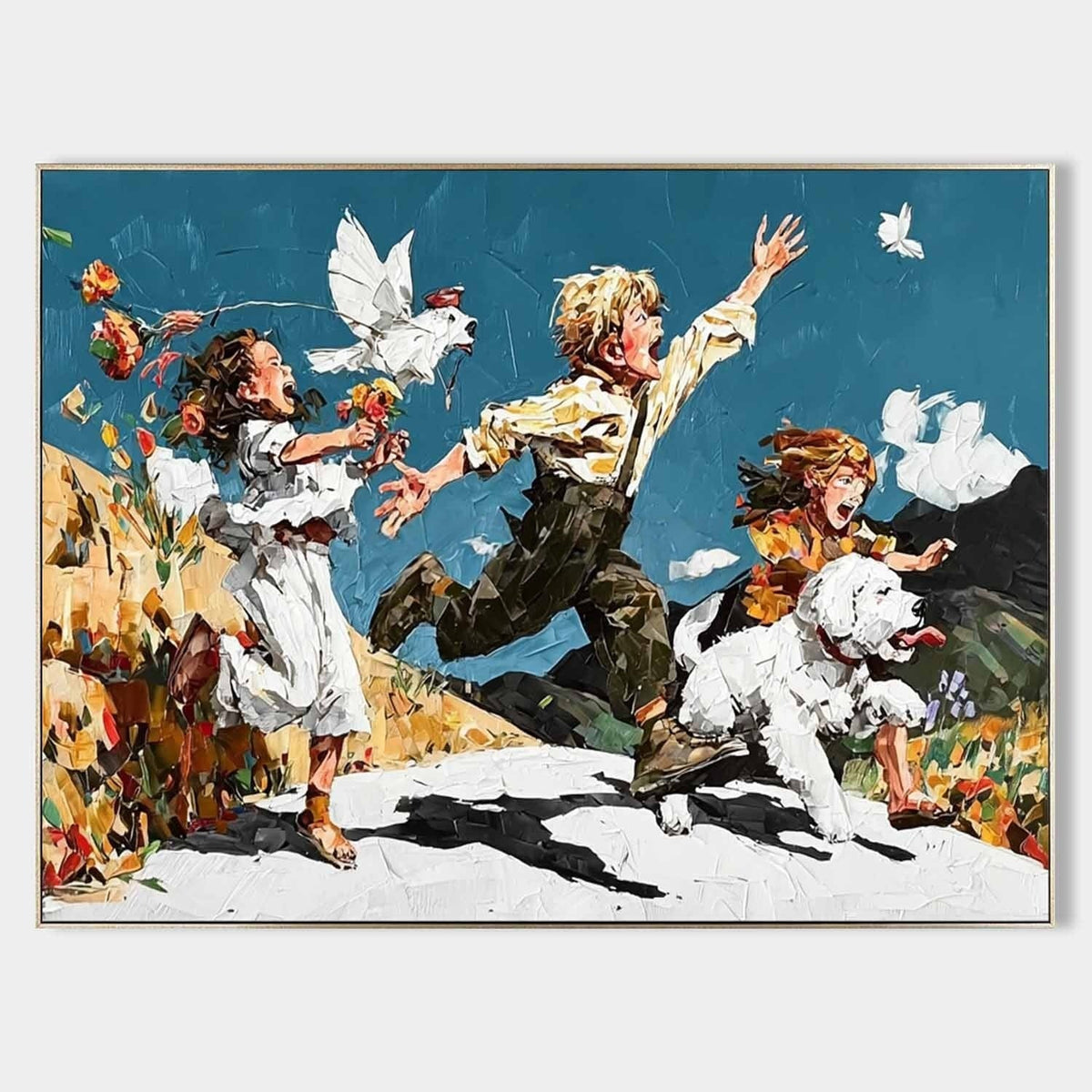 Joyful Children Running Impasto Painting - Neutralighting