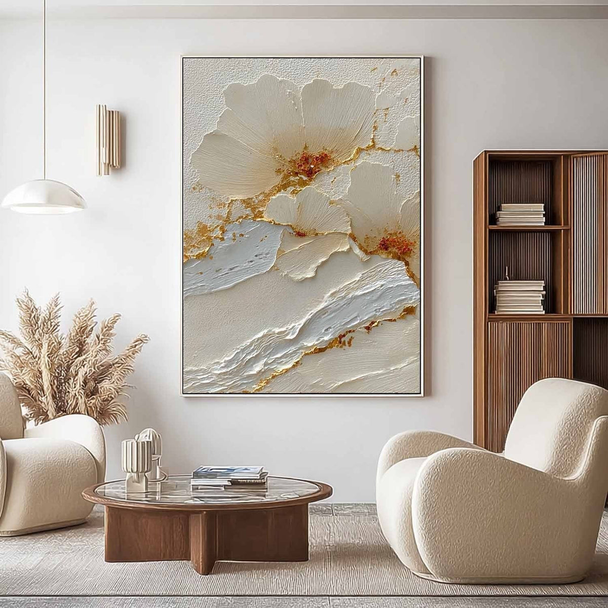 Wall Art Cream Floral Gold Kintsugi Textured