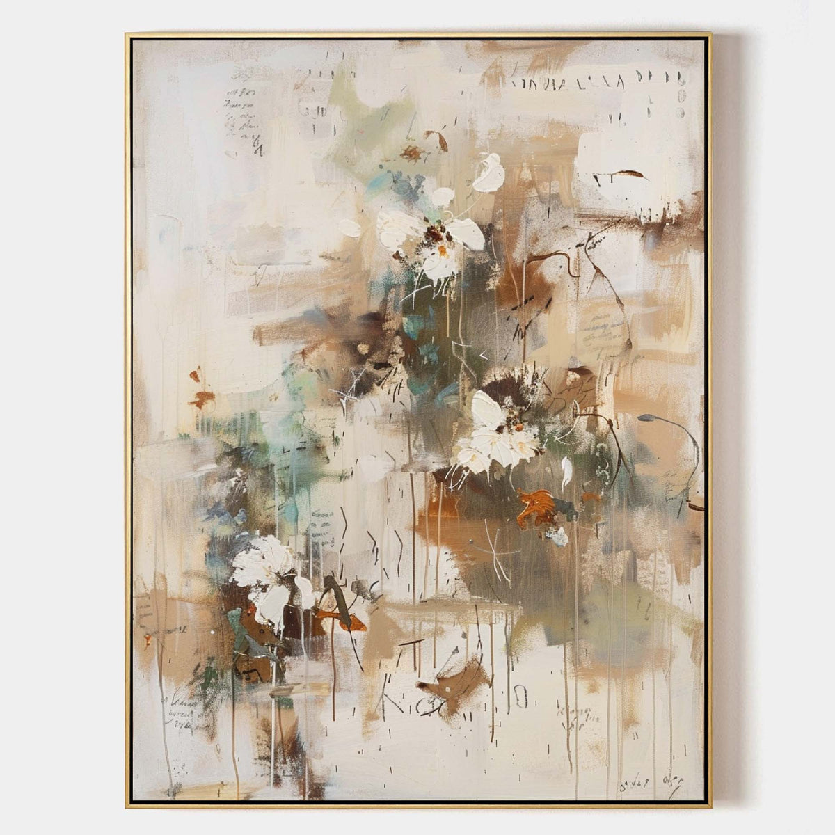 Wall Art Beige Floral Abstract Textured Canvas Living Room