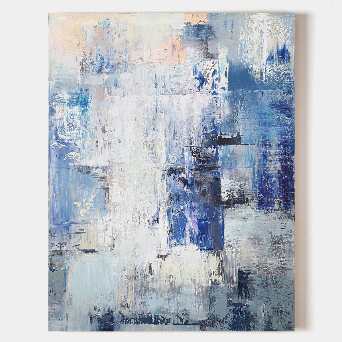 Blue‑White‑Grey Vertical Abstract Layered Impasto‑Textured Artwork
