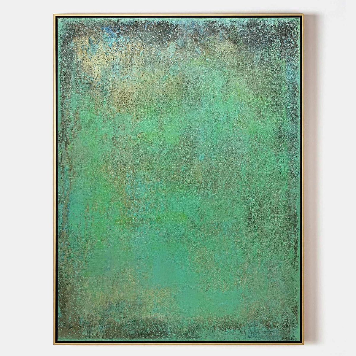Muted‑Green Gold‑Fleck Vertical Textured‑Wash Impasto Artwork