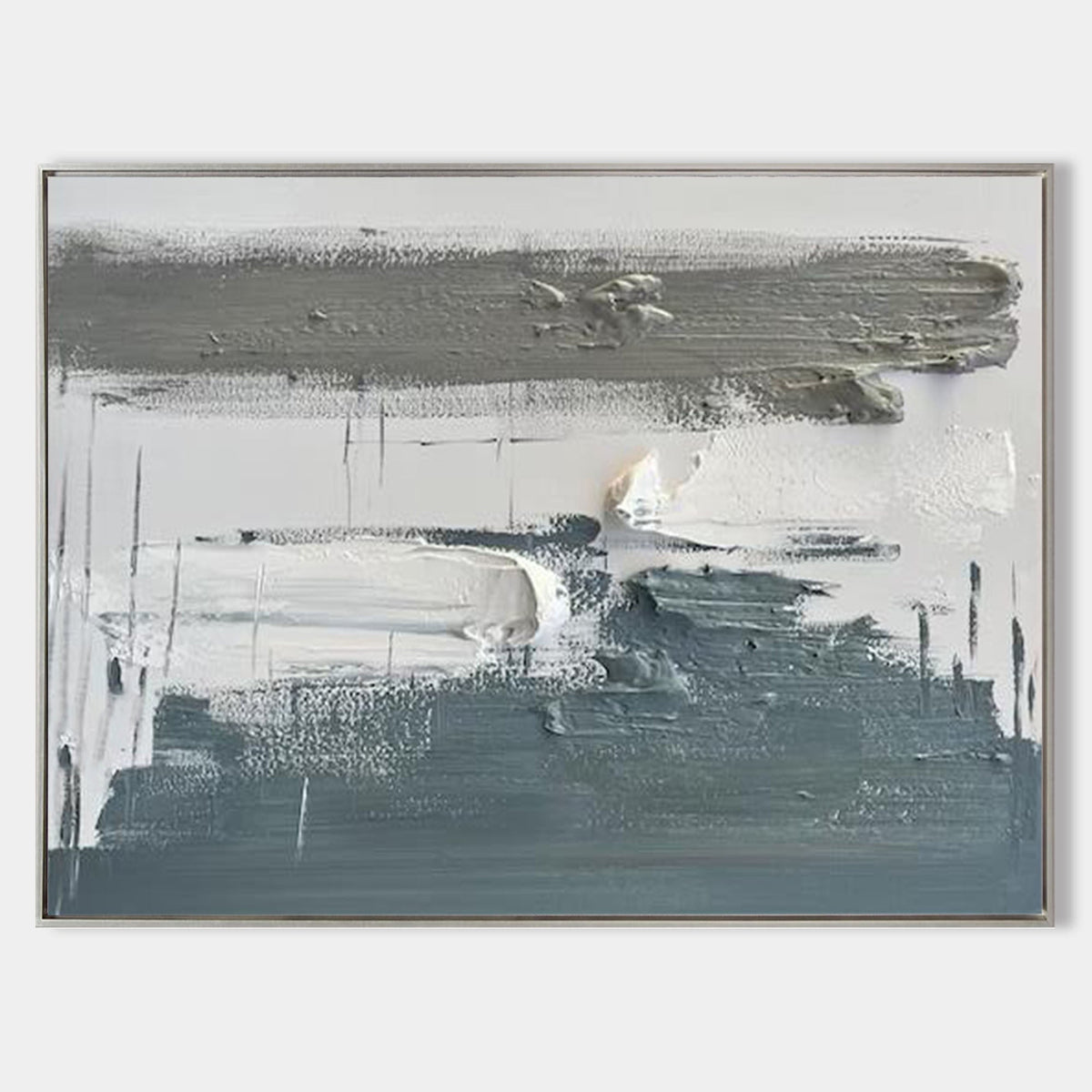 Slate‑Grey‑White Horizontal Layer‑Brush Impasto‑Textured Artwork