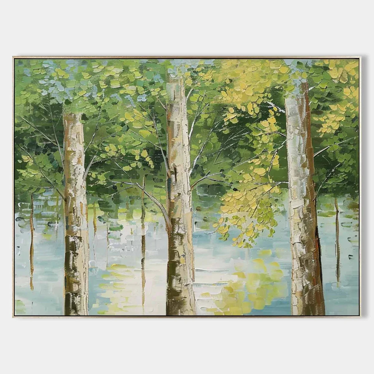Tactile Forest Landscape Oil Painting Tree Reflections