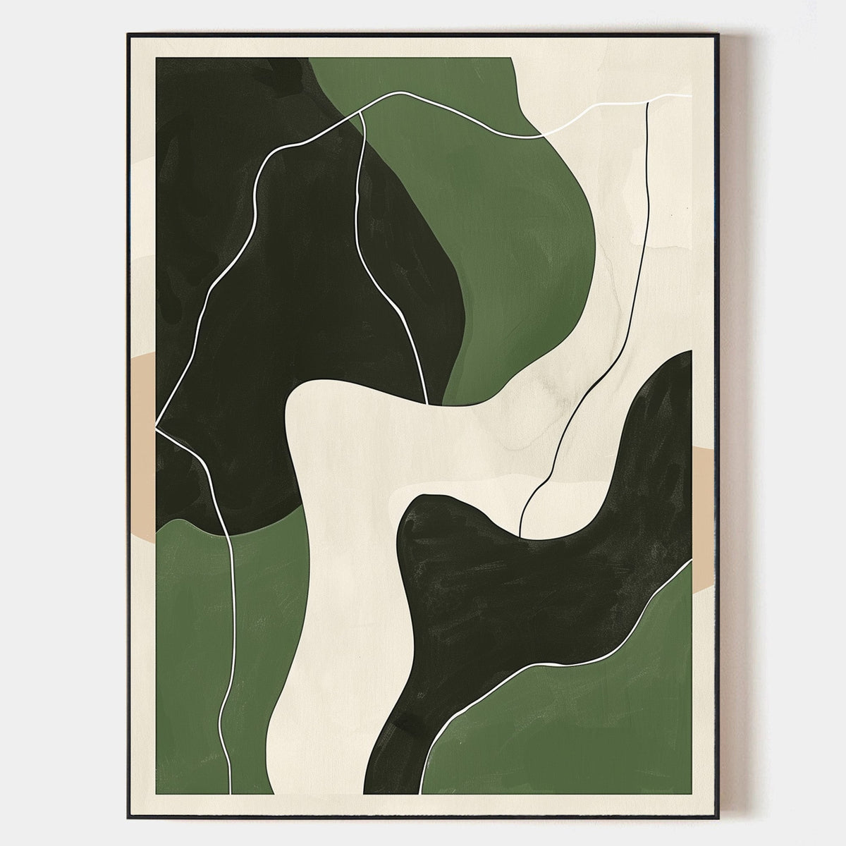 Green‑Beige‑Black Curved Contour Abstract Layered Impasto Textured Artwork