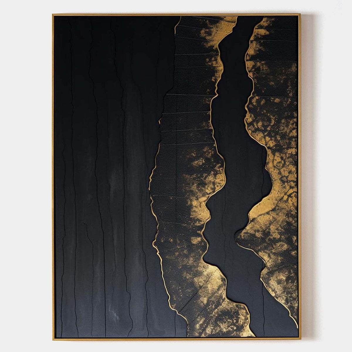 Elegant Black‑Gold Streak Abstract Metallic‑Foil Layered Impasto Textured Artwork