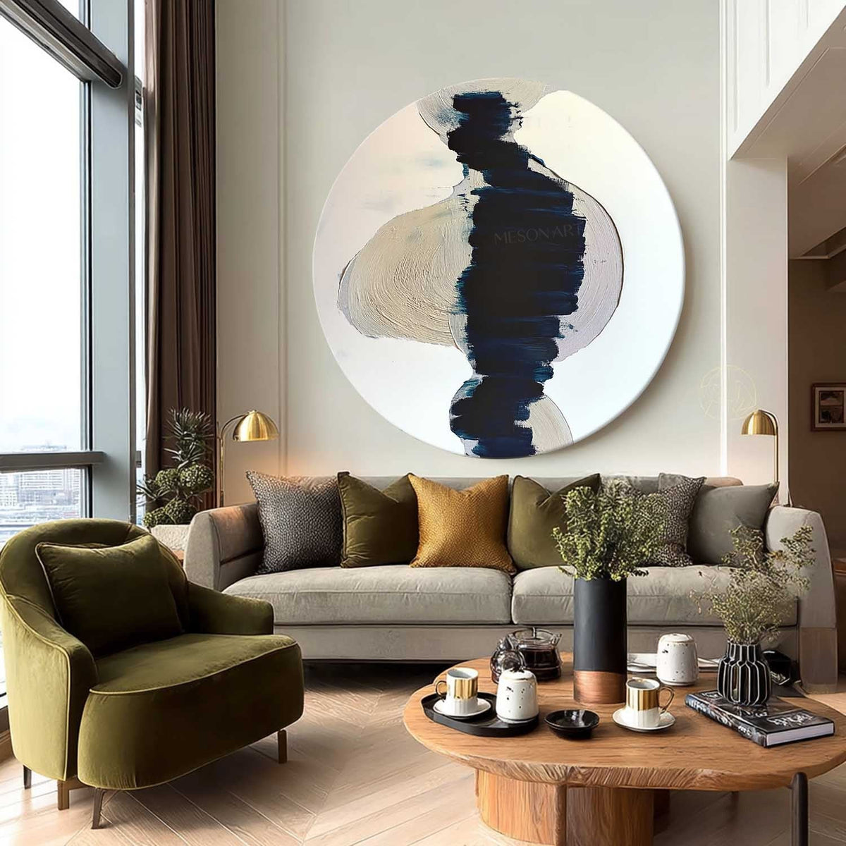 Wall Art Round Navy Beige Brushstroke