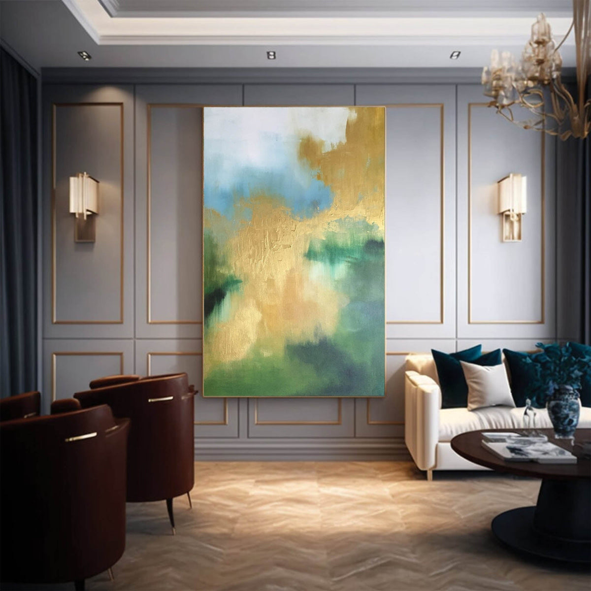 Luxury Gold Leaf Oil Painting Blue Green