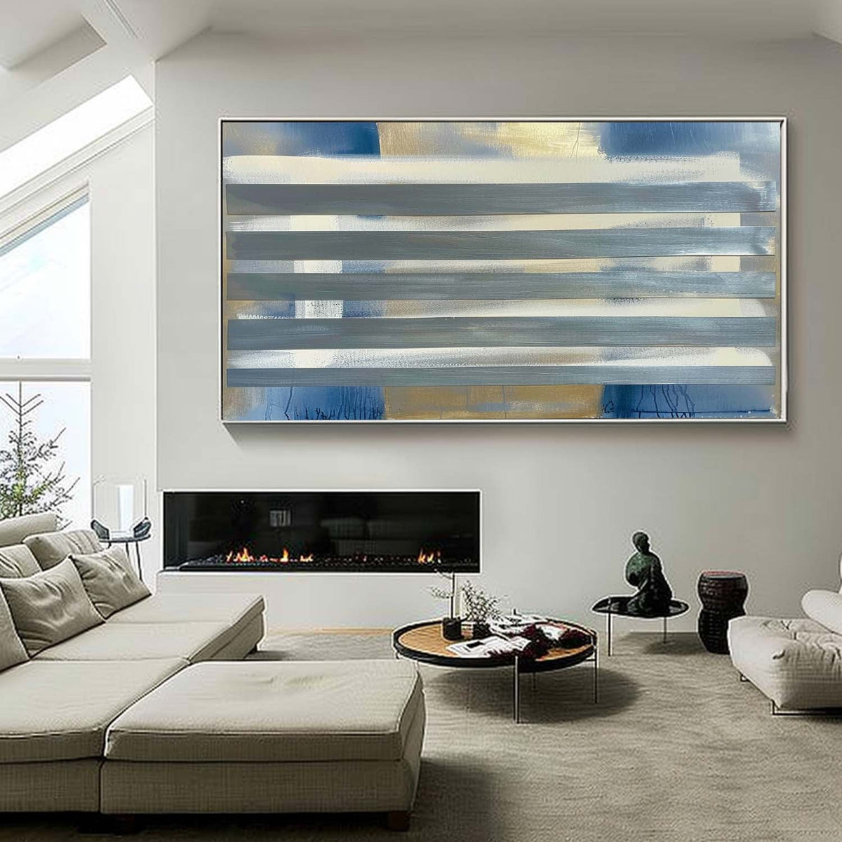 Gray Stripes Abstract Oil Painting Blue Gold Framed