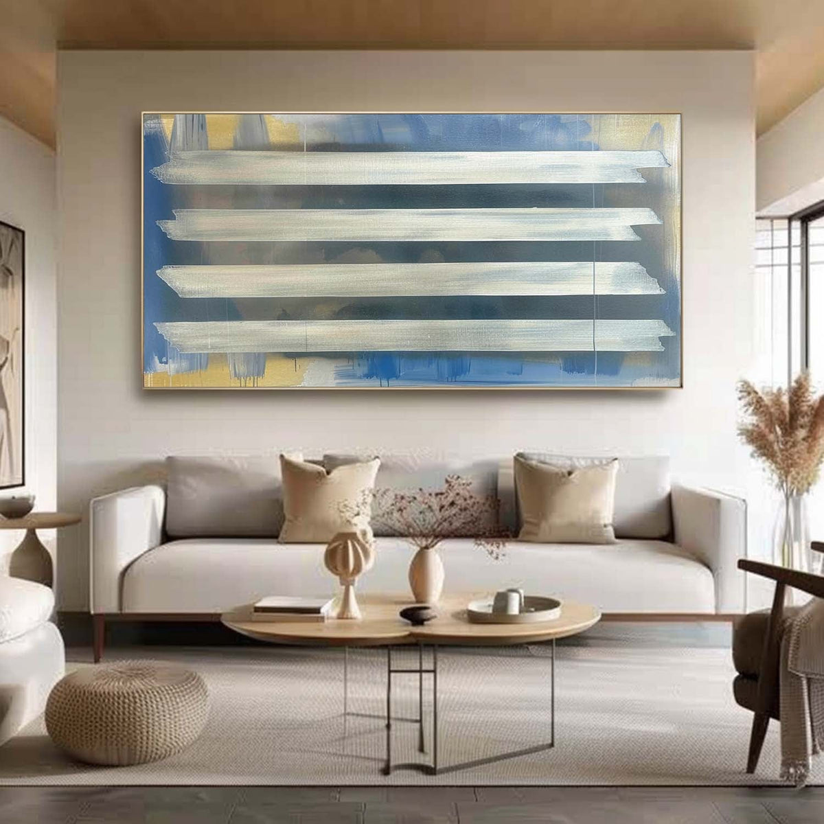 Silver Stripes Abstract Oil Painting Blue Gold