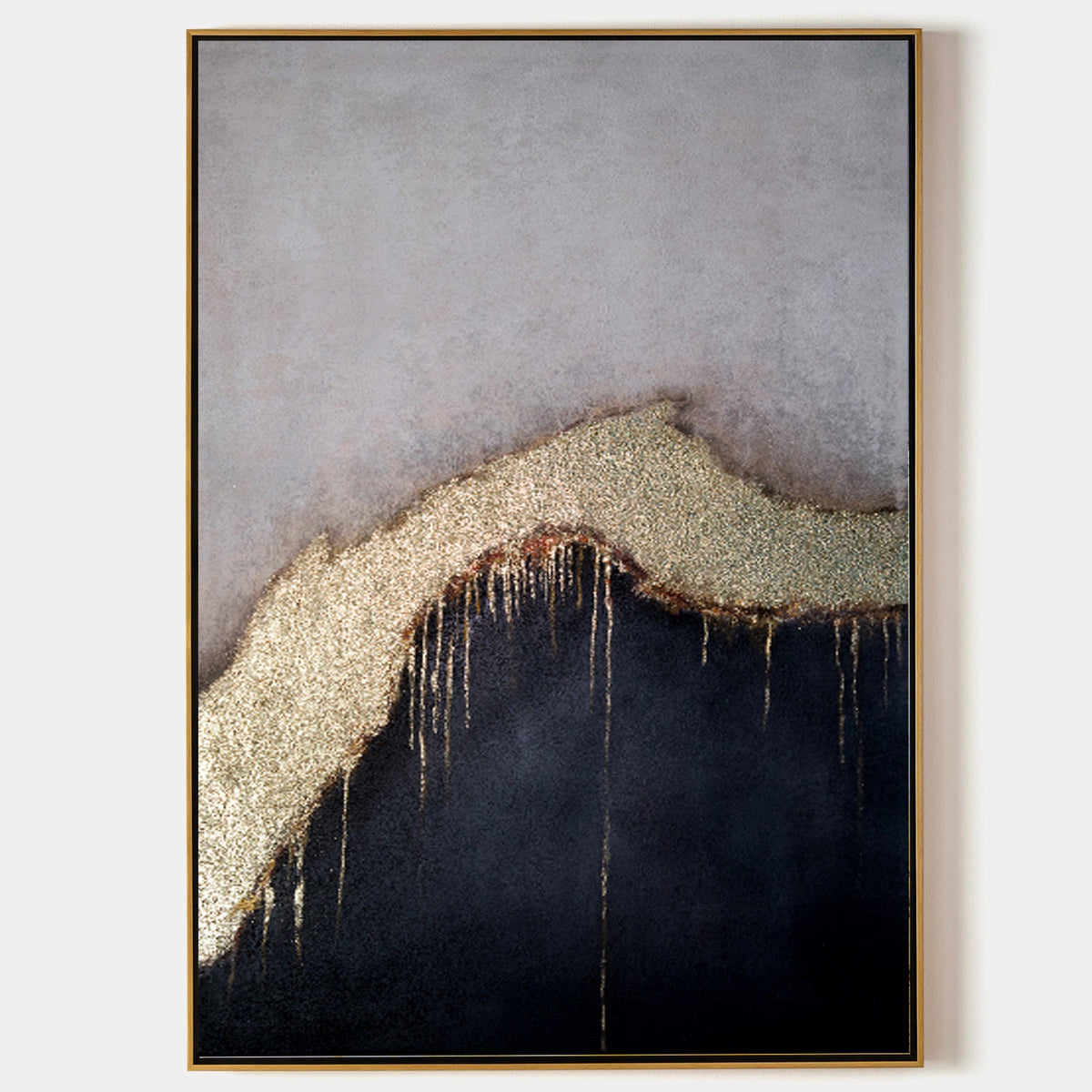 Grey‑Black Vertical Gold‑Drip Metallic Abstract Textured Artwork