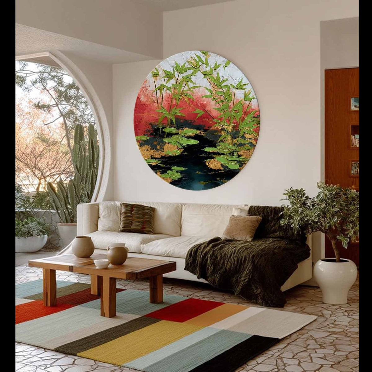 Wall Art Round Bamboo Lotus Leaf Red