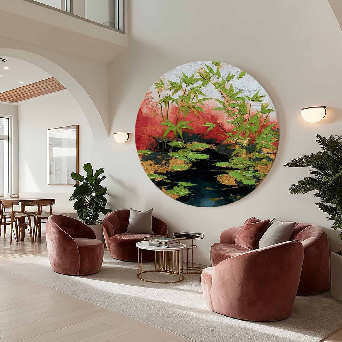 Wall Art Round Bamboo Lotus Leaf Red