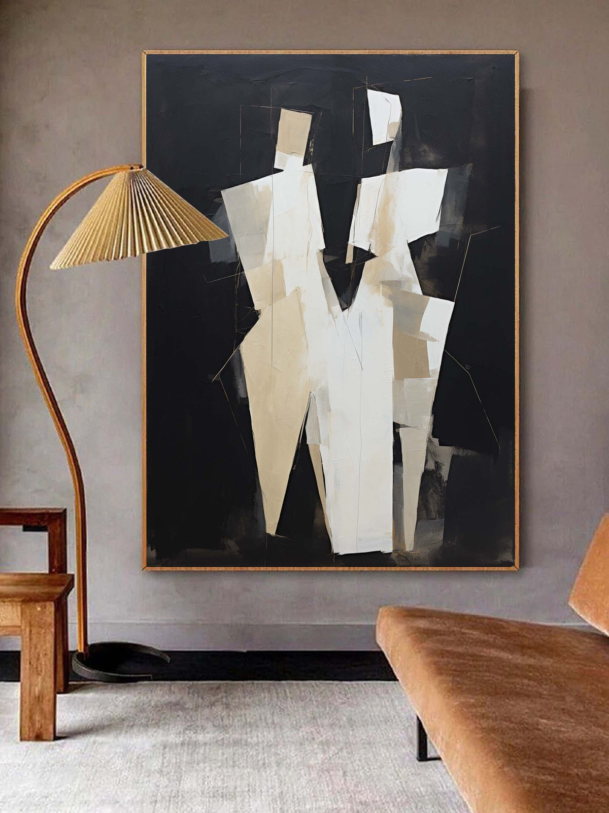 Cubist Style Couple Figure Oil Painting Black Beige
