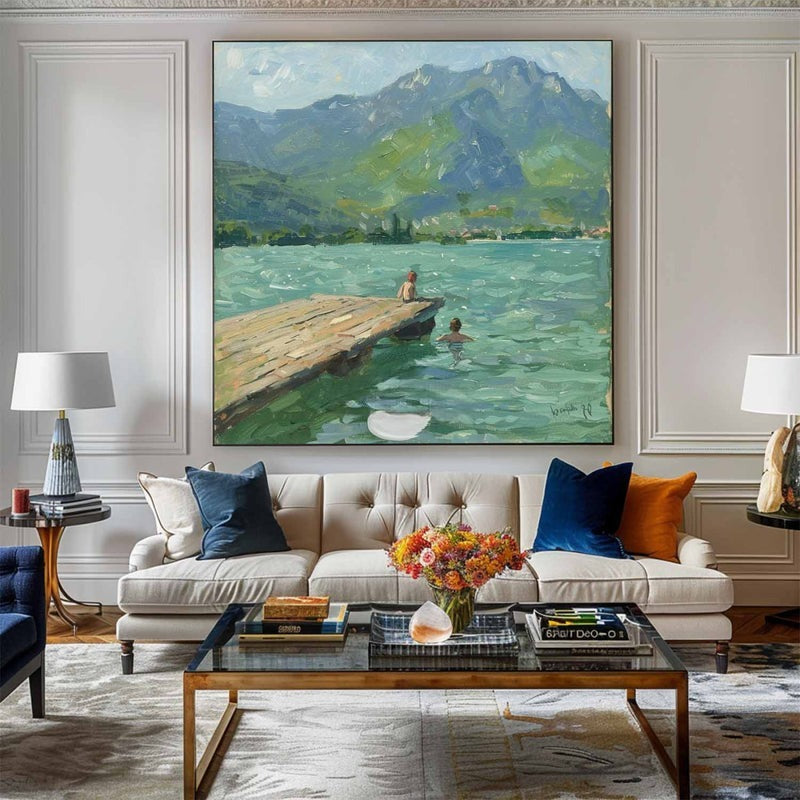 Wall Art Lake Dock Mountain Impressionist Textured Living Room