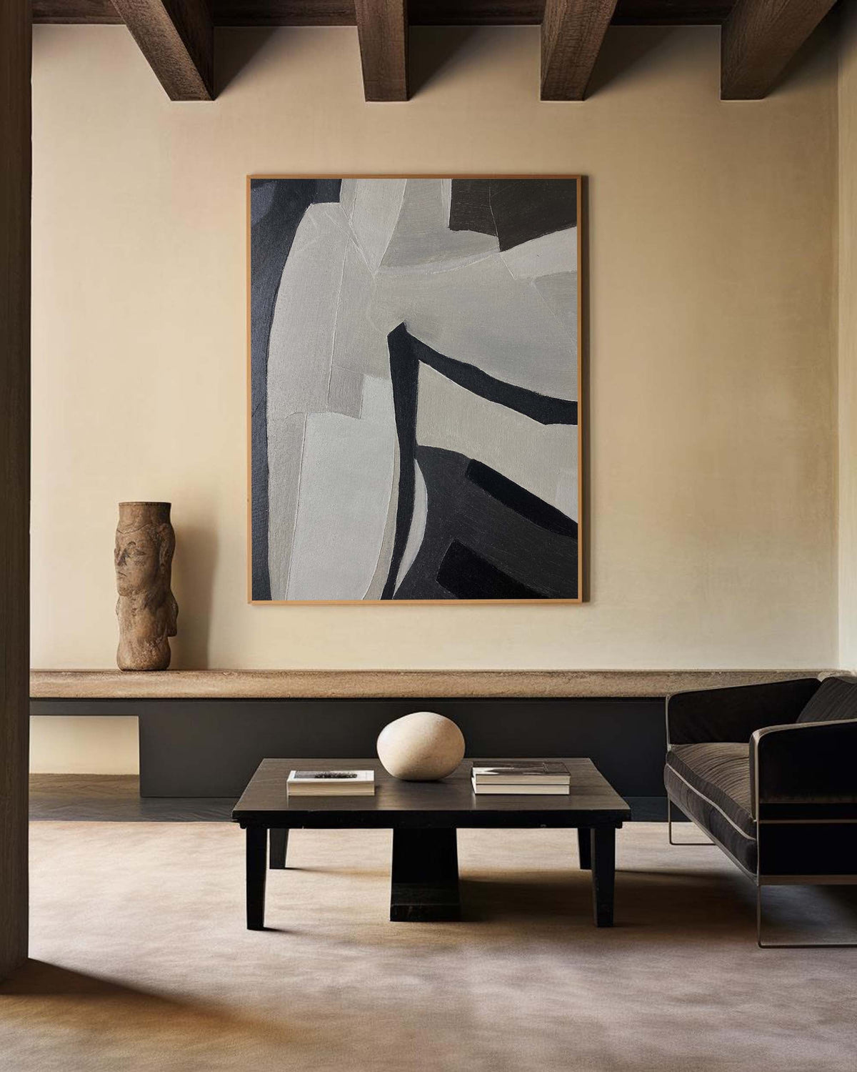 Black‑Grey‑Off‑White Vertical Curved‑Block Textured Artwork