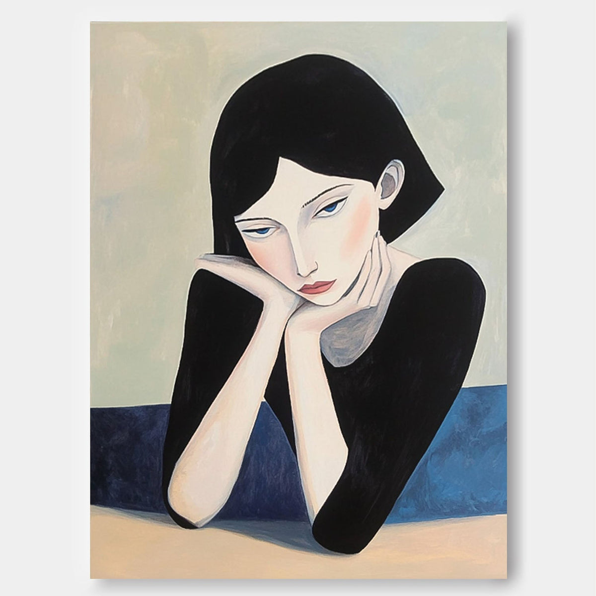 Minimalist Contemplative Woman Portrait Oil Painting