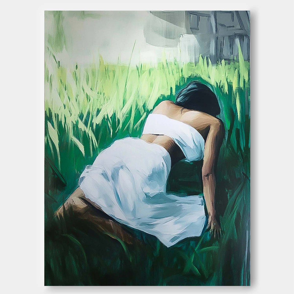Woman White Dress Reclining In Tall Grass Painting