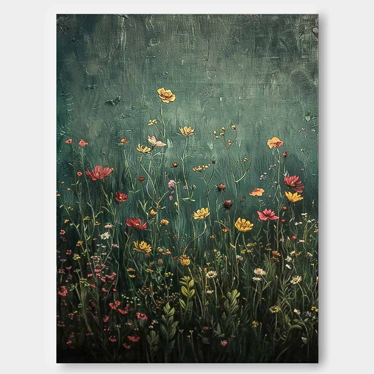Vintage Wildflower Meadow Textured Oil Painting