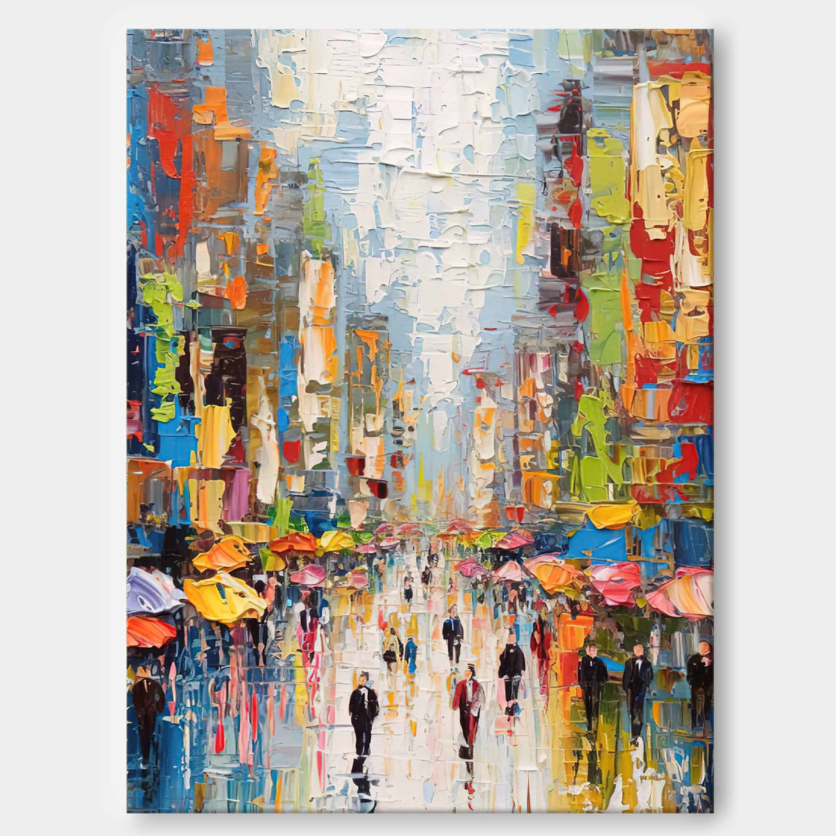 Vibrant Impasto City Street Oil Painting Rainy Day Umbrella