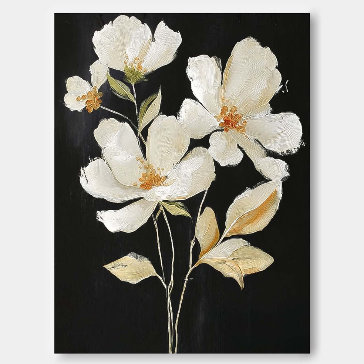 White Floral Oil Painting Contrast Black Background