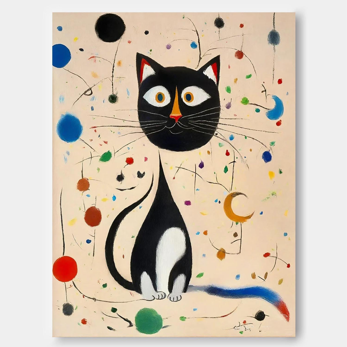 Surrealist Cat Painting Playful Black White