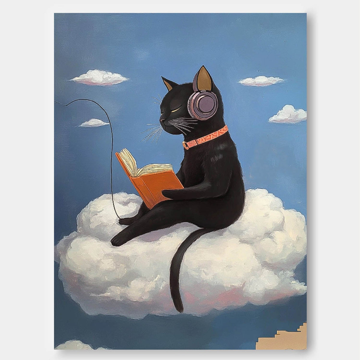 Black Cat Headphones Reading Cloud Painting