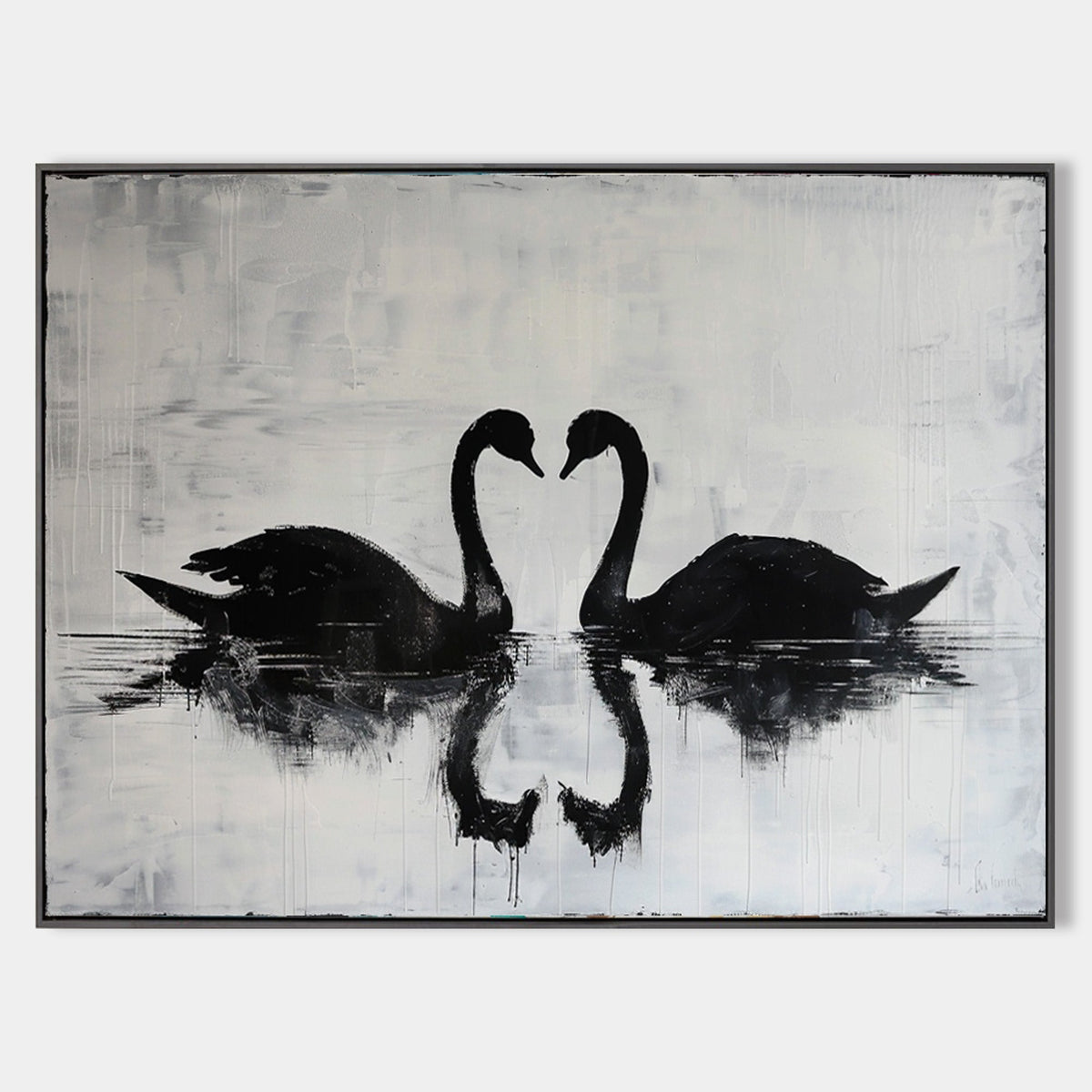 Monochrome Twin Swans Reflection‑Theme Minimalist Abstract Brush‑Textured Artwork