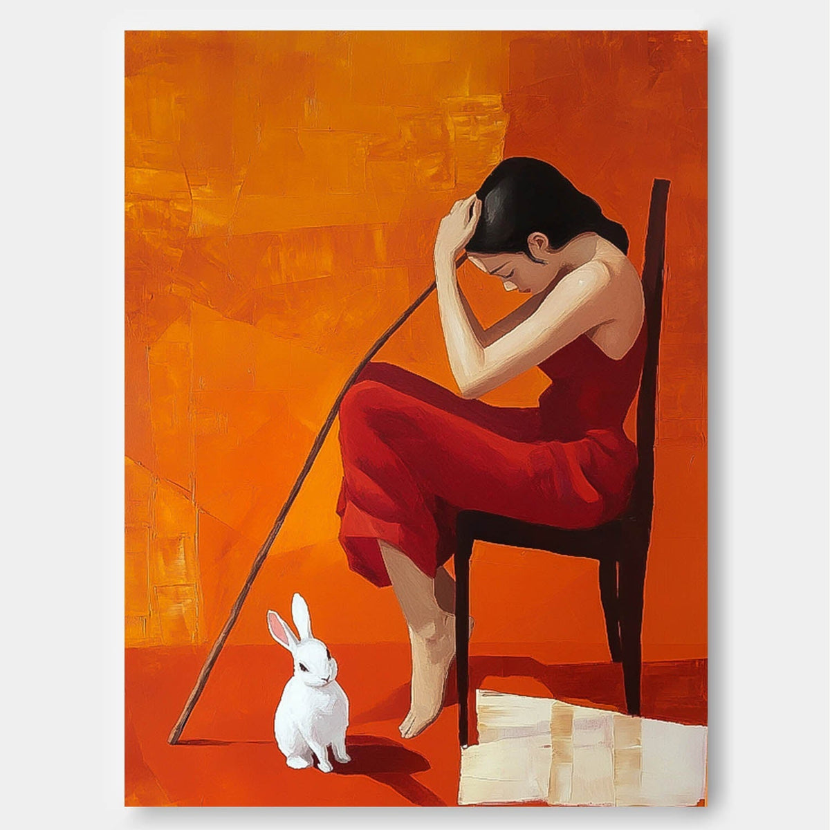 Contemplative Woman Red Dress Rabbit Oil Painting