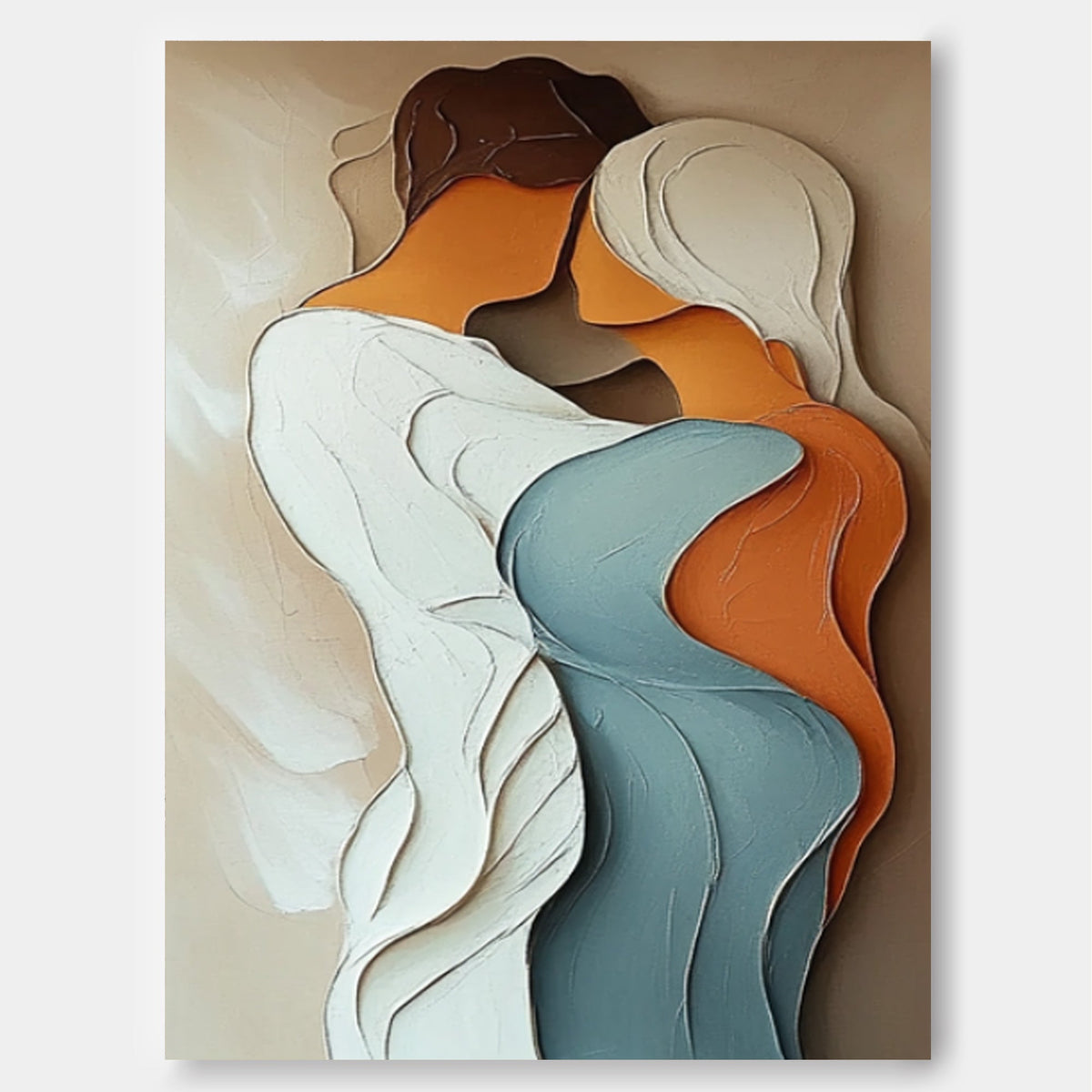 Intimate Couple Embrace Textured Oil Painting