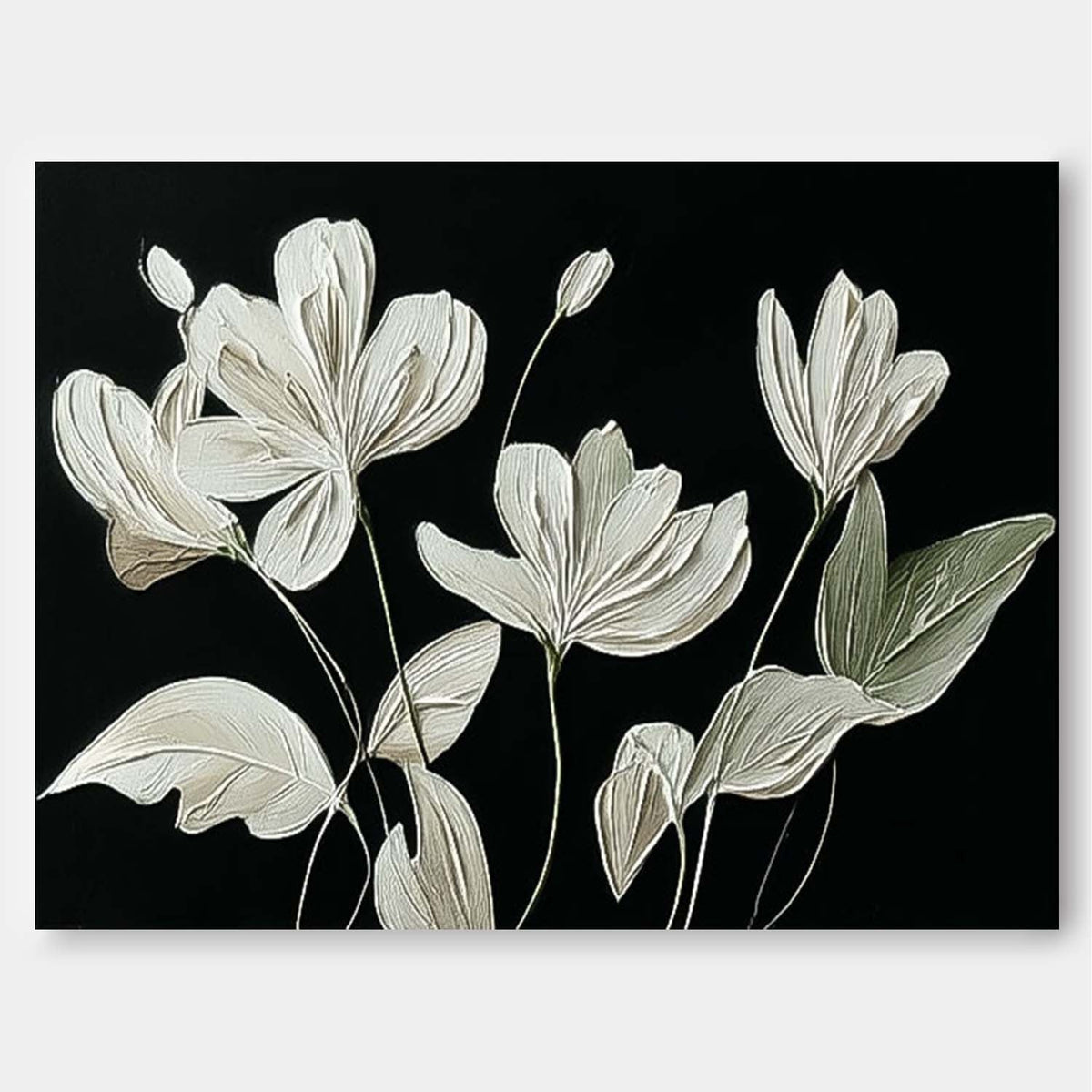 Contrast Floral Impasto Oil Painting White On Black