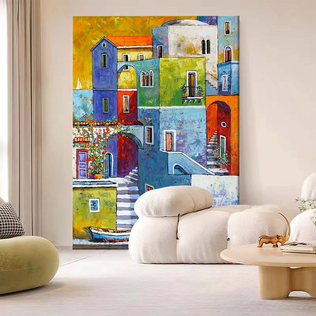 Colorful Mediterranean Coastal Town Oil Painting